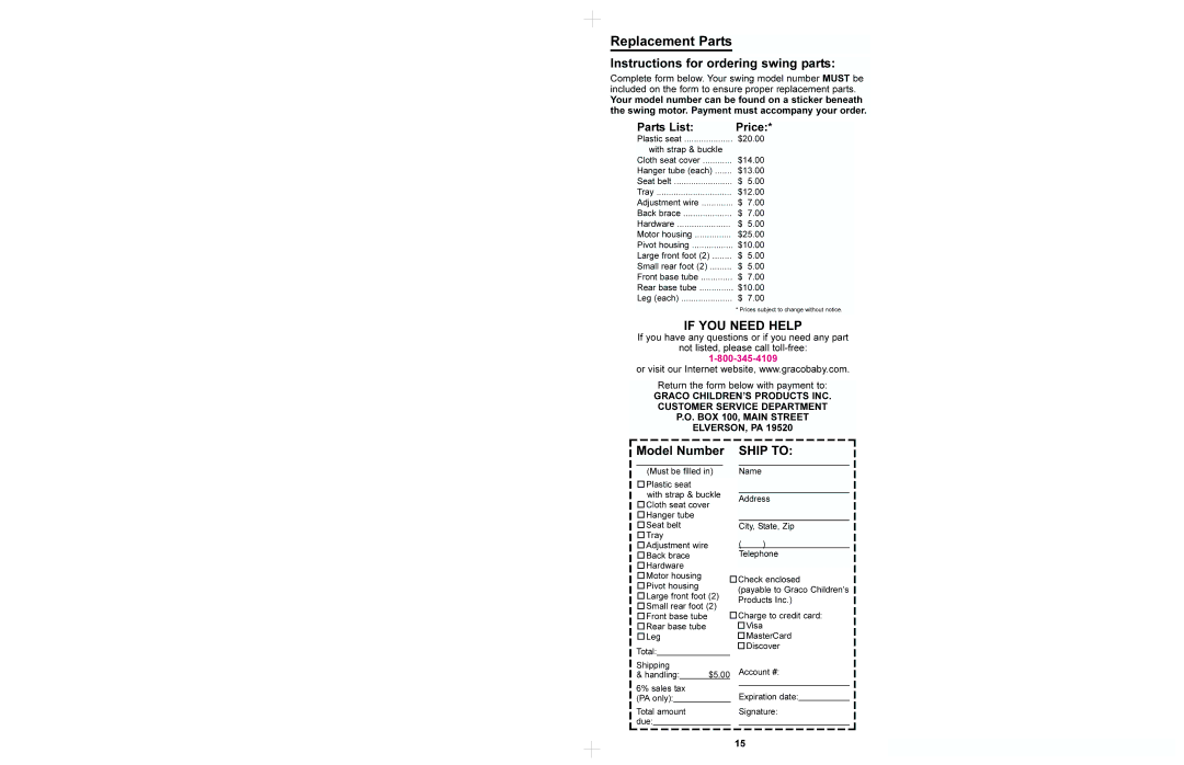 Graco 1435, 1444 manual Replacement Parts, Instructions for ordering swing parts, Model Number, Parts List Price 