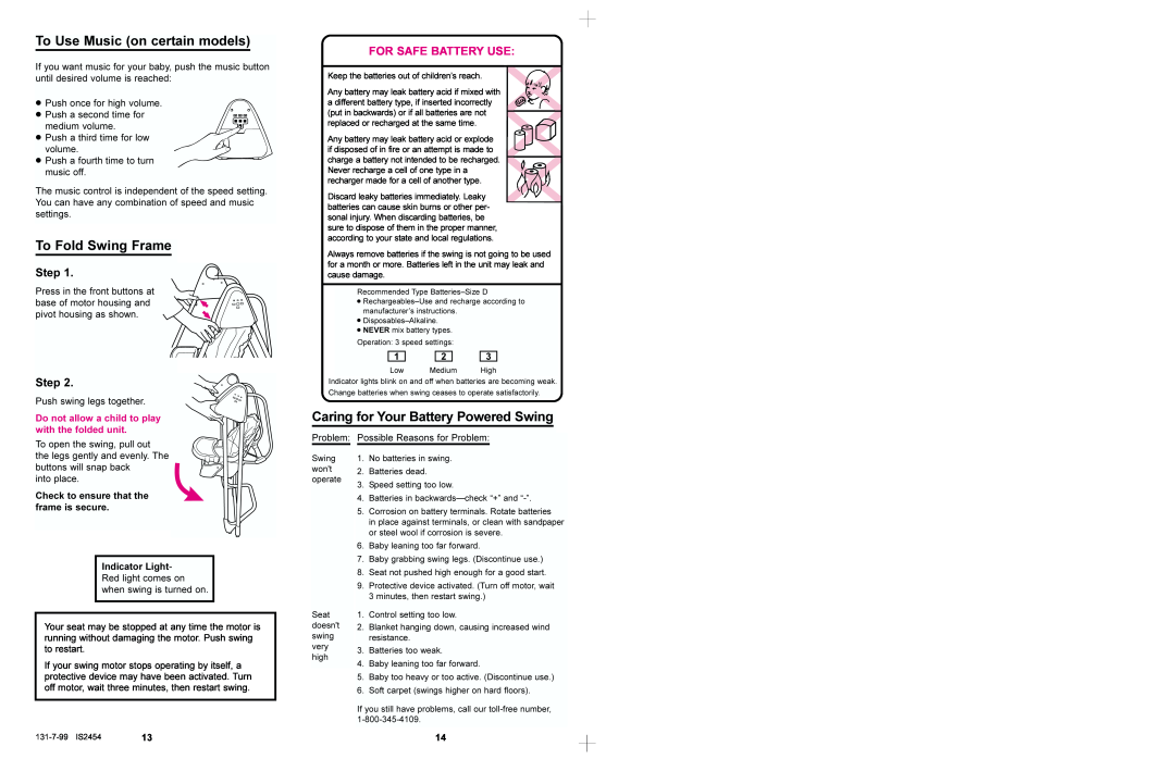 Graco 1444, 1435 manual To Use Music on certain models, To Fold Swing Frame, Caring for Your Battery Powered Swing, Step 