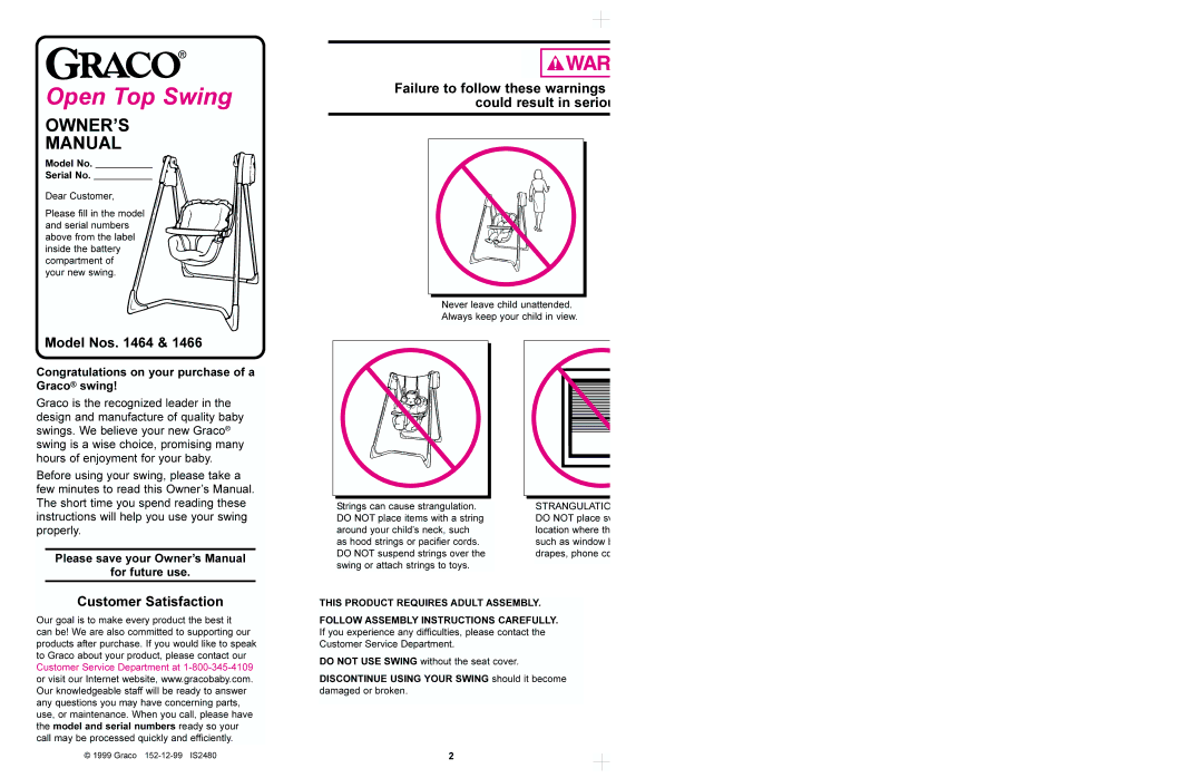 Graco 1466 manual Model Nos, Customer Satisfaction, Failure to follow these warnings could result in seriou 