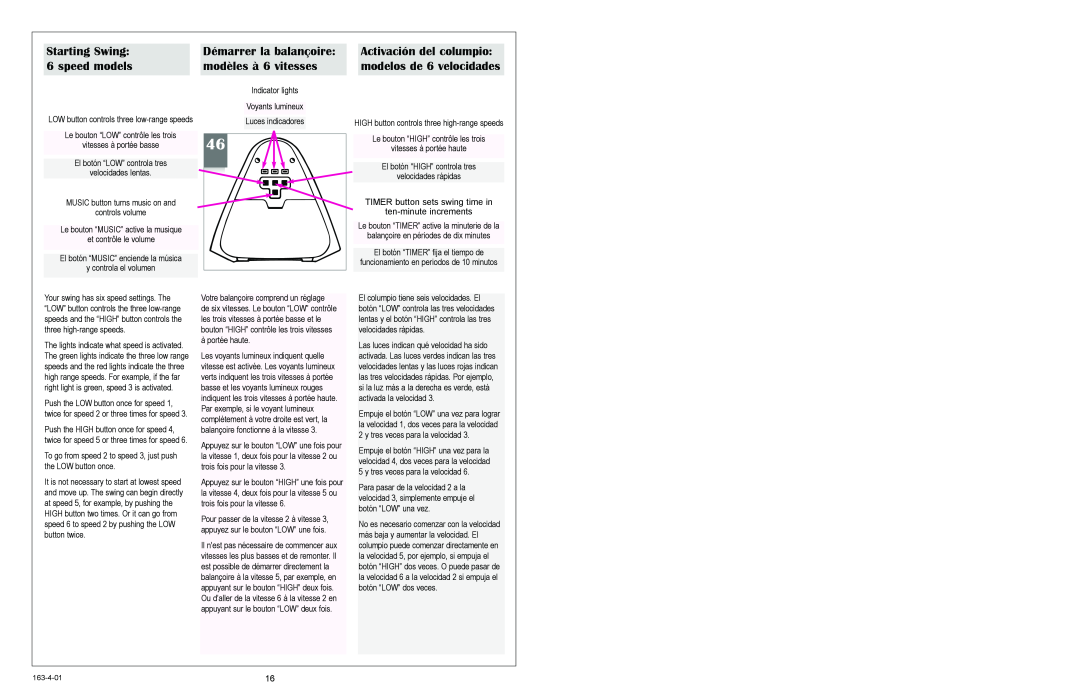 Graco 1435, 1468, 1423 speed models, modèles à 6 vitesses, modelos de 6 velocidades, Starting Swing, Démarrer la balançoire 