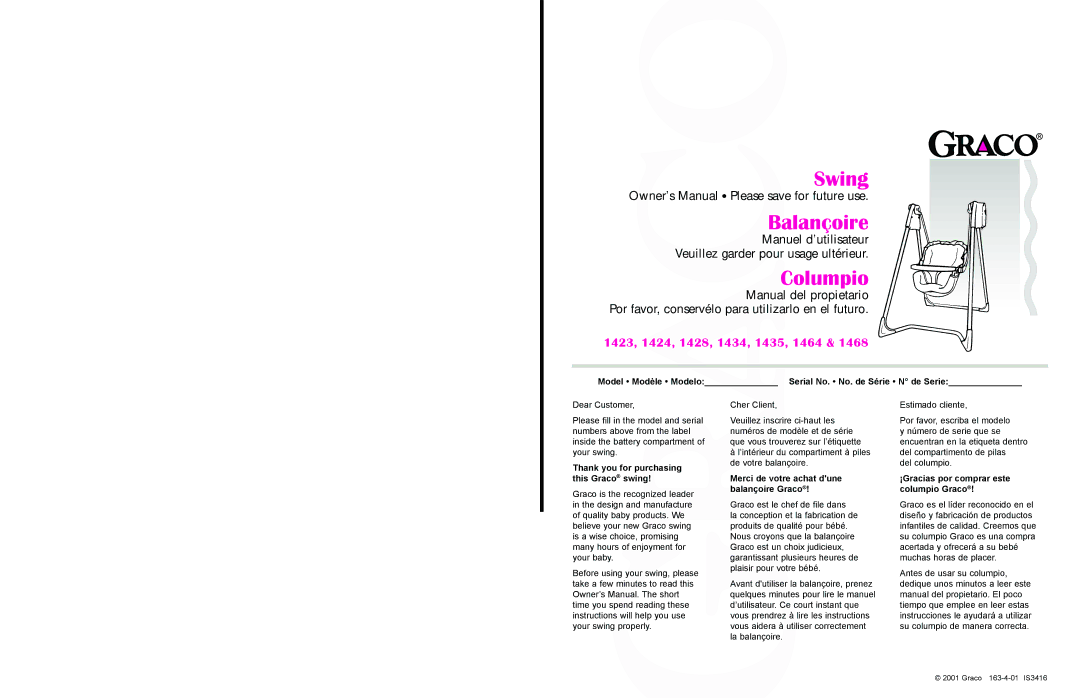 Graco 1428 owner manual Model Modèle Modelo Serial No. No. de Série N de Serie, Thank you for purchasing this Graco swing 
