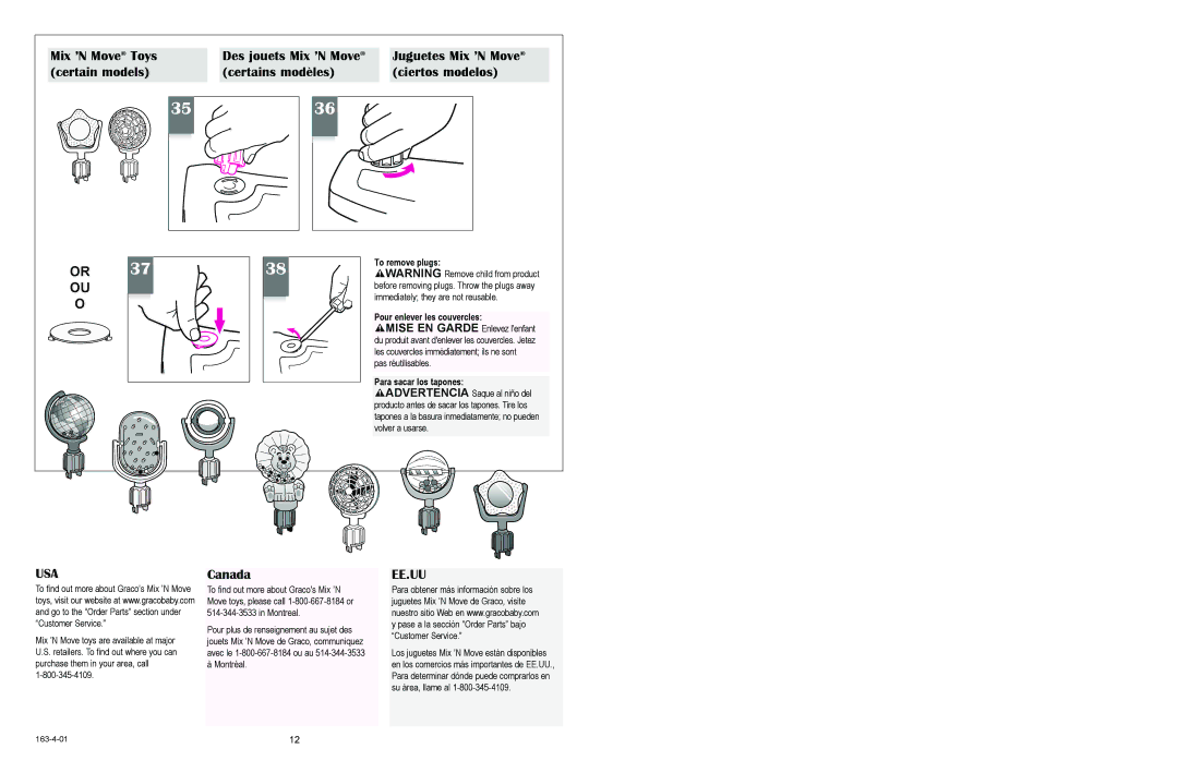Graco DM17CS, 1468, 1428, 1424 Mix ’N Move Toys, Juguetes Mix ’N Move, Canada, To remove plugs Pour enlever les couvercles 