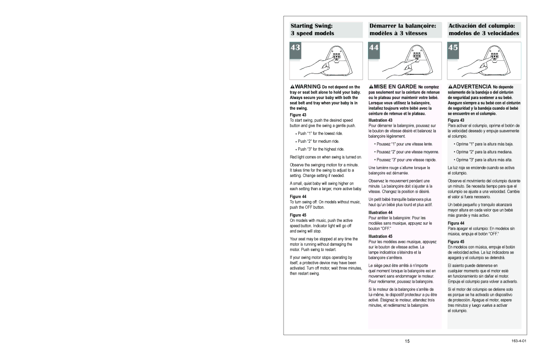 Graco 1468, 1428, 1424 Starting Swing, Speed models Modèles à 3 vitesses, Démarrer la balançoire Activación del columpio 