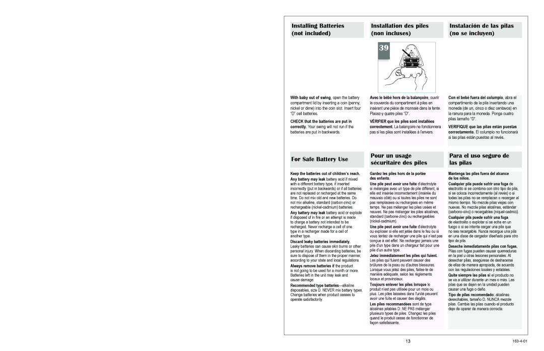 Graco 1424, 1468, 1428, 1434, 1464 For Safe Battery Use, Para el uso seguro de las pilas, Pour un usage sécuritaire des piles 