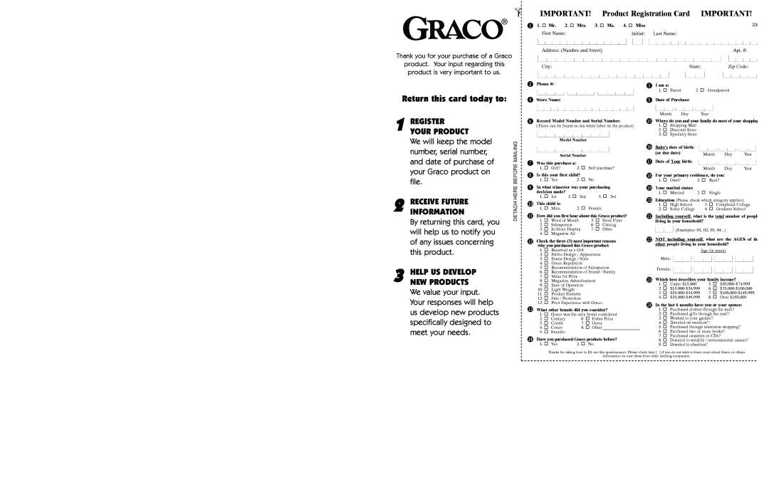 Graco 1434, 1468, 1428, 1424, 1464, DM17CS owner manual Return this card today to 