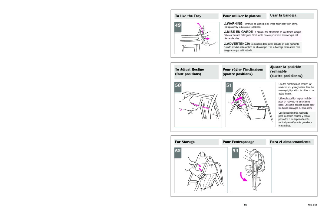 Graco 1428, 1468, 1424, 1434 To Use the Tray Pour utiliser le plateau, To Adjust Recline, Ajustar la posición, Reclinable 