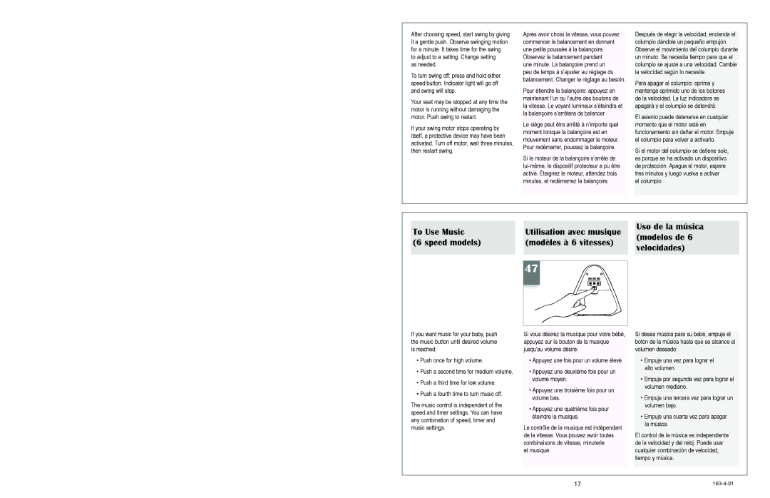 Graco 1434, 1468, 1428, 1424, 1464 To Use Music, Uso de la música, Modelos de, Speed models Modèles à 6 vitesses Velocidades 