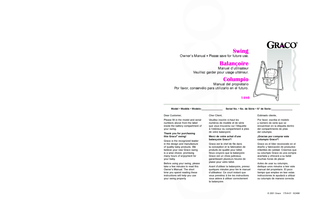 Graco 1480 owner manual Model Modèle Modelo Serial No. No. de Série N de Serie, Thank you for purchasing this Graco swing 