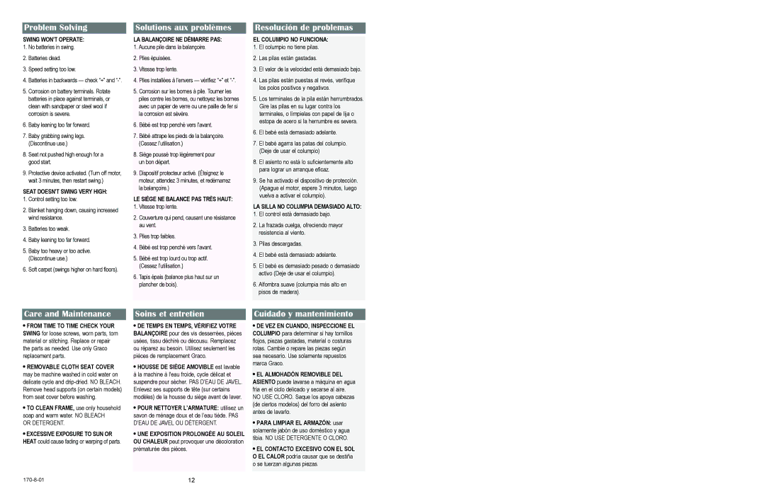 Graco 1480 owner manual Problem Solving, Solutions aux problèmes, Resolución de problemas 