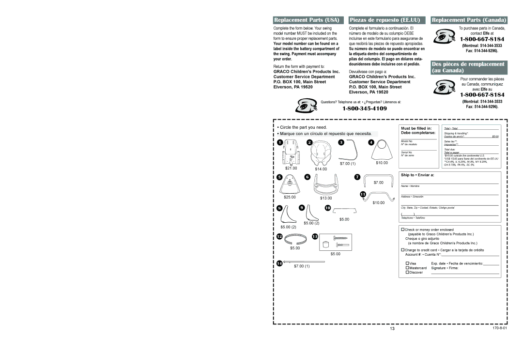 Graco 1480 owner manual Replacement Parts USA, Piezas de repuesto EE.UU, Montreal Fax, Montréal Fax 