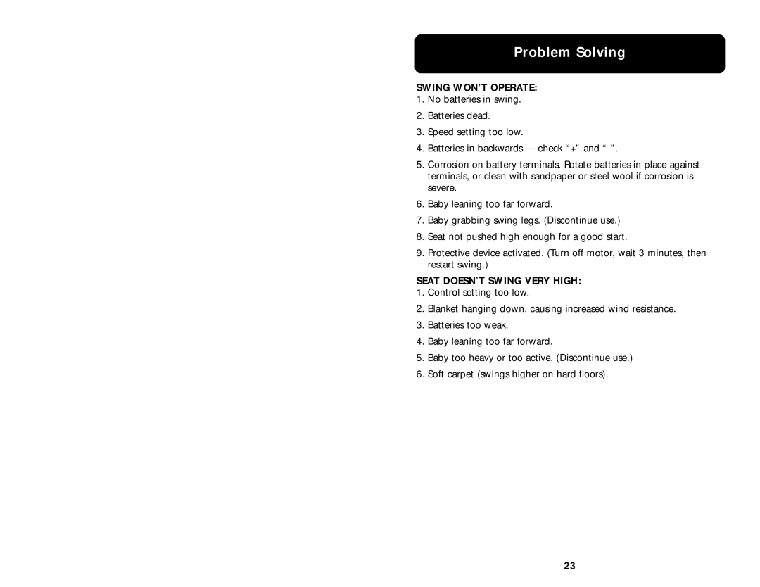 Graco 1481 manual Problem Solving, Swing WON’T Operate 