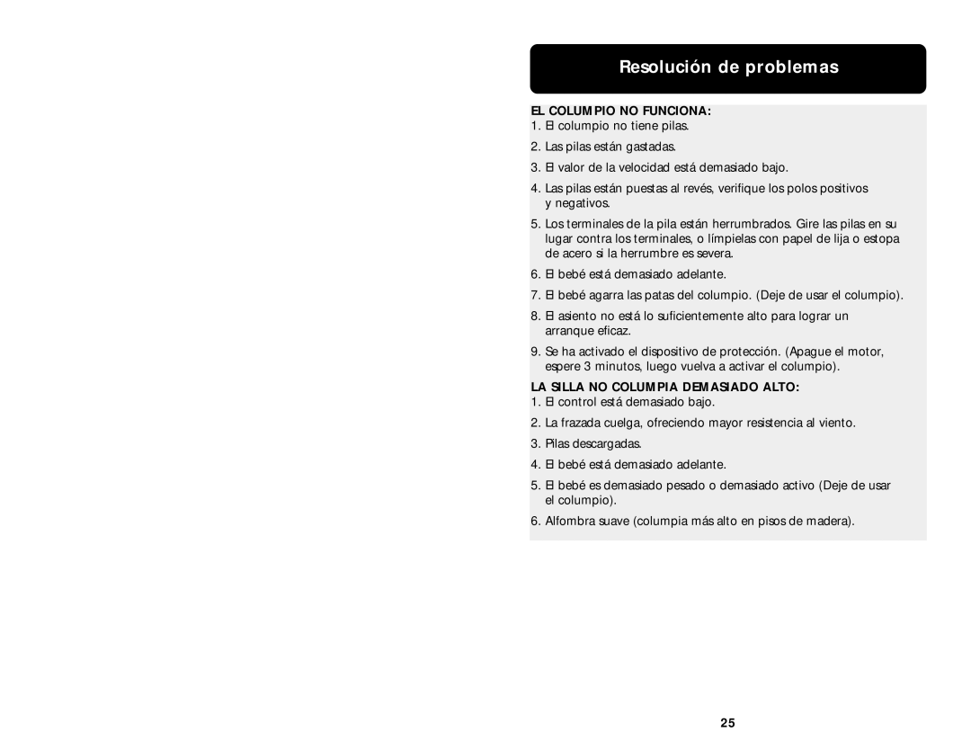 Graco 1481 manual Resolución de problemas, EL Columpio no Funciona 