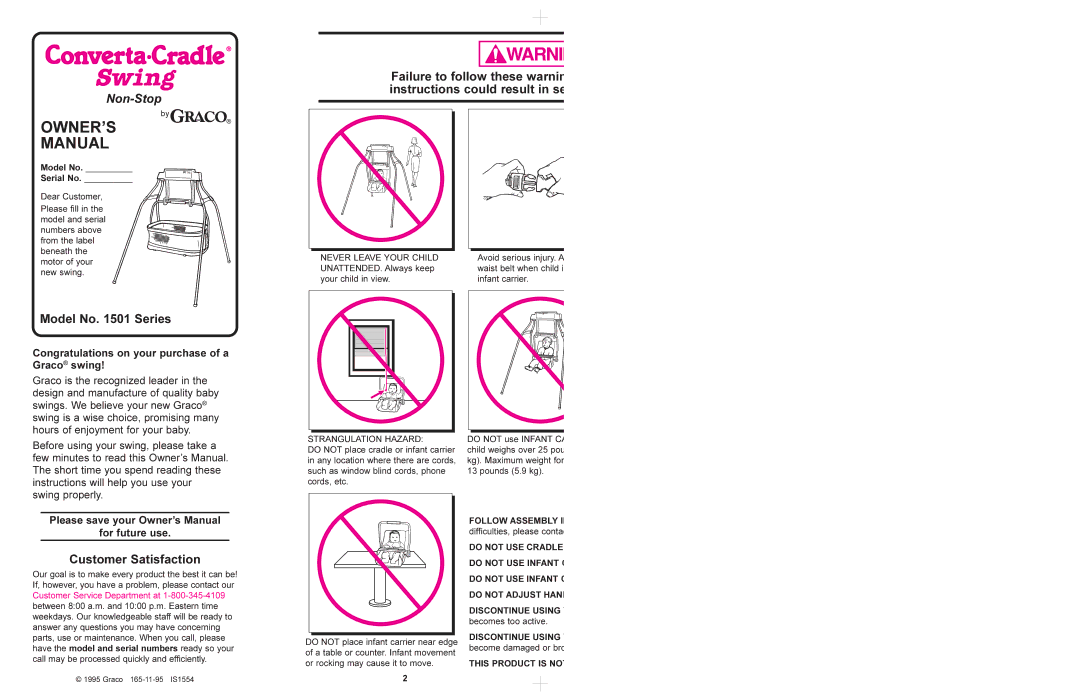 Graco 1501 manual Model No Series, Customer Satisfaction, Congratulations on your purchase of a Graco swing 