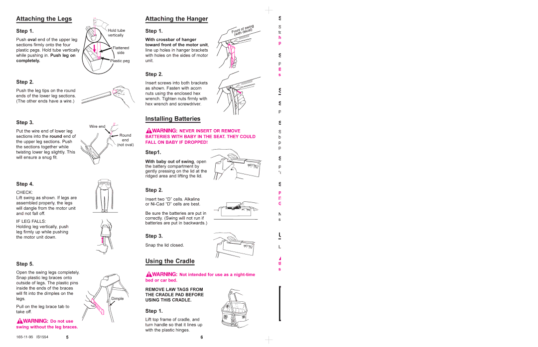 Graco 1501 manual Attaching the Legs, Attaching the Hanger, Installing Batteries, Using the Cradle, Step 