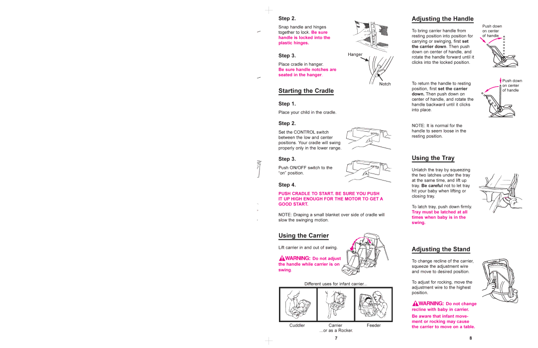 Graco 1501 manual Adjusting the Handle, Starting the Cradle, Using the Carrier, Using the Tray, Adjusting the Stand 