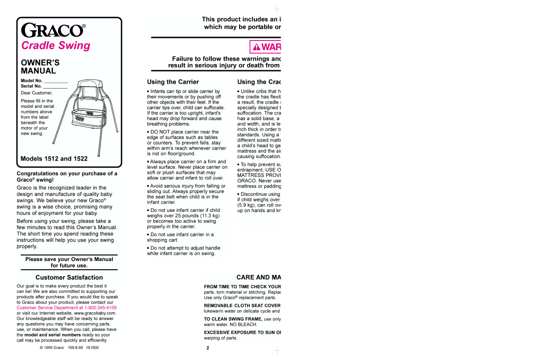 Graco 1522 manual Models 1512, Using the Carrier, Customer Satisfaction, Care and MA, Using the Crad 