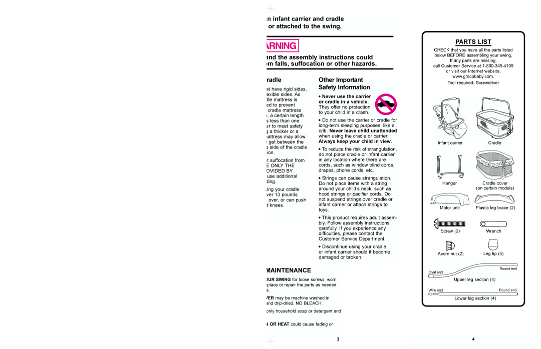 Graco 1512, 1522 manual Parts List, Radle, Other Important Safety Information, Maintenance 