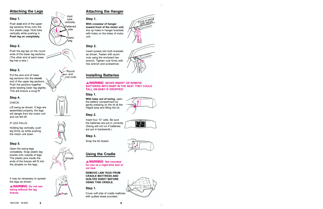 Graco 1522, 1512 manual Attaching the Legs, Attaching the Hanger, Installing Batteries, Using the Cradle, Step 