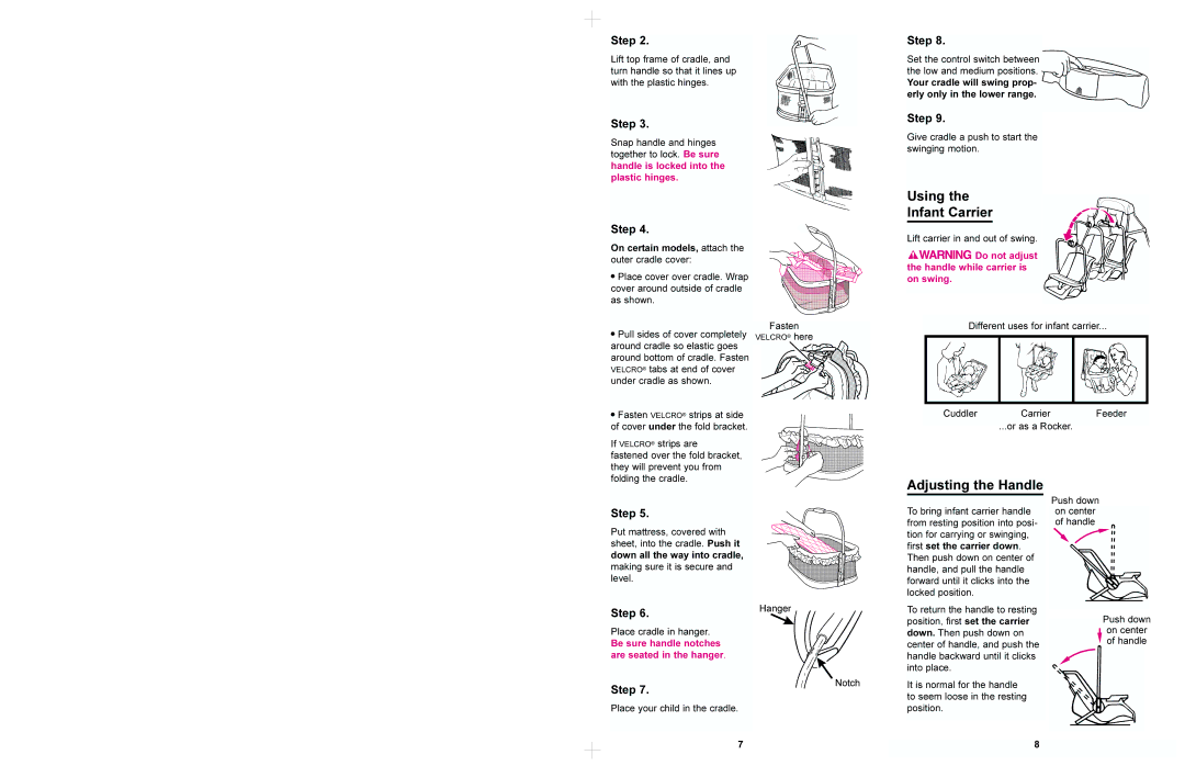 Graco 1512, 1522 manual Using Infant Carrier, Adjusting the Handle, On certain models, attach the outer cradle cover 