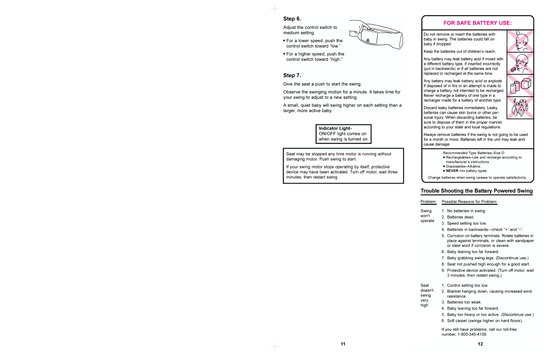 Graco 1512, 1522 manual For Safe Battery USE, Trouble Shooting the Battery Powered Swing 