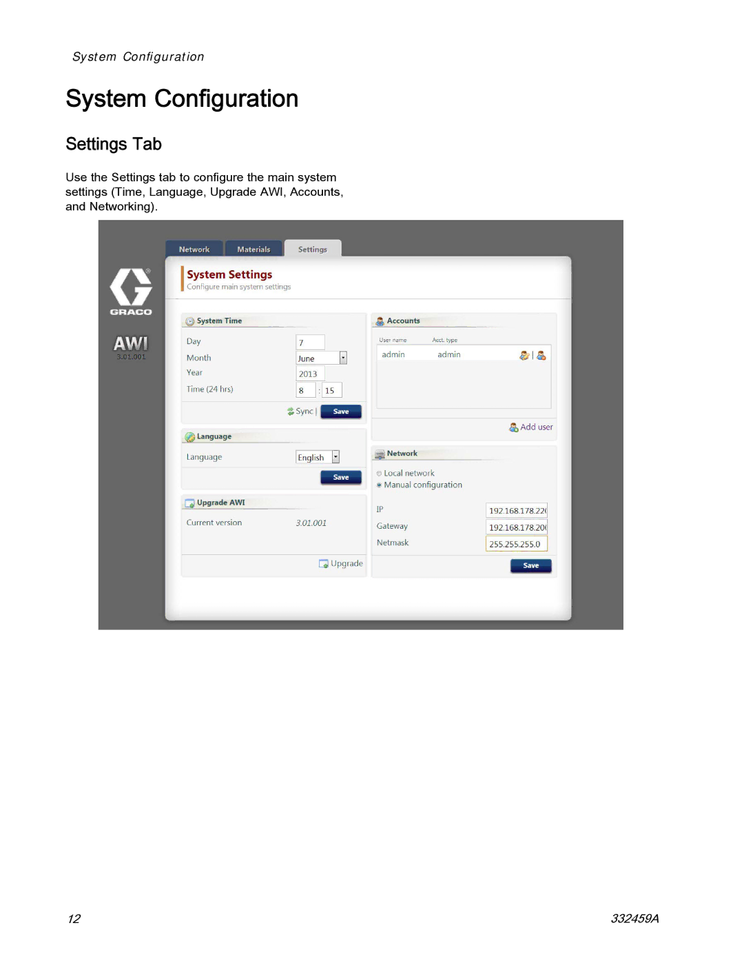 Graco 15V337, 15V336 important safety instructions System Conﬁguration, Settings Tab 