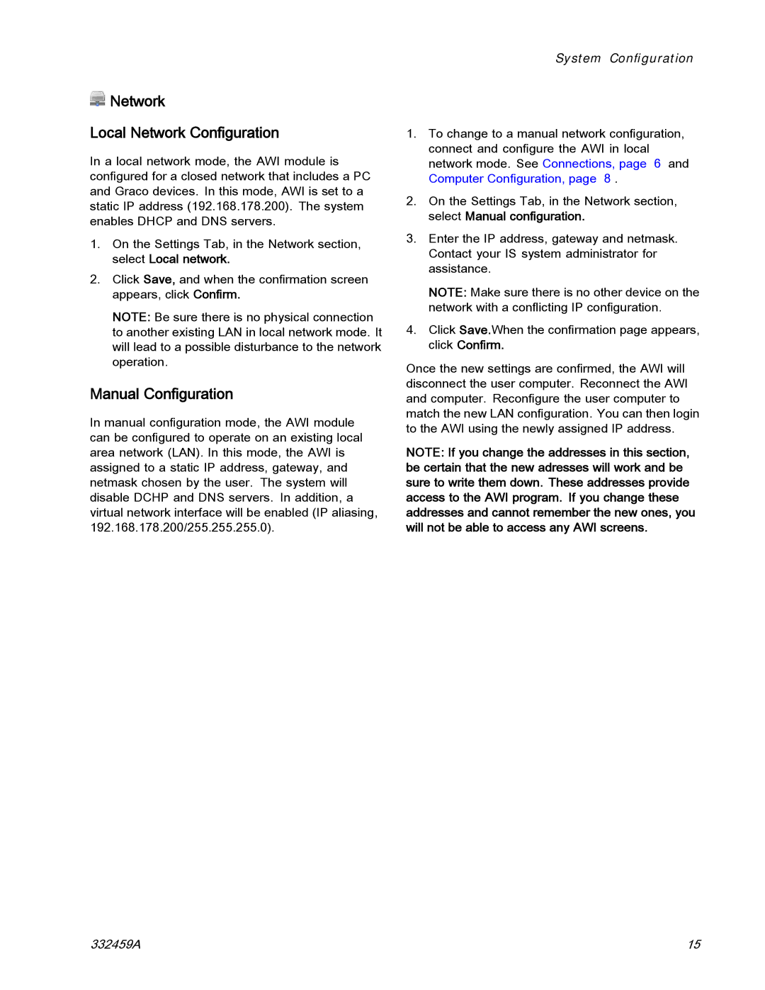 Graco 15V336, 15V337 important safety instructions Network Local Network Conﬁguration, Manual Conﬁguration 