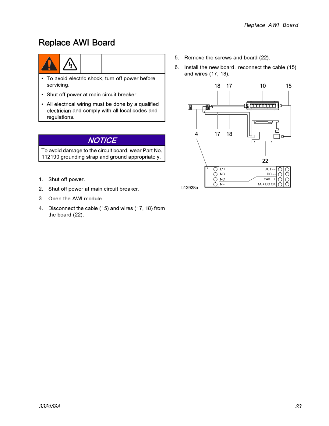 Graco 15V336, 15V337 important safety instructions Replace AWI Board 