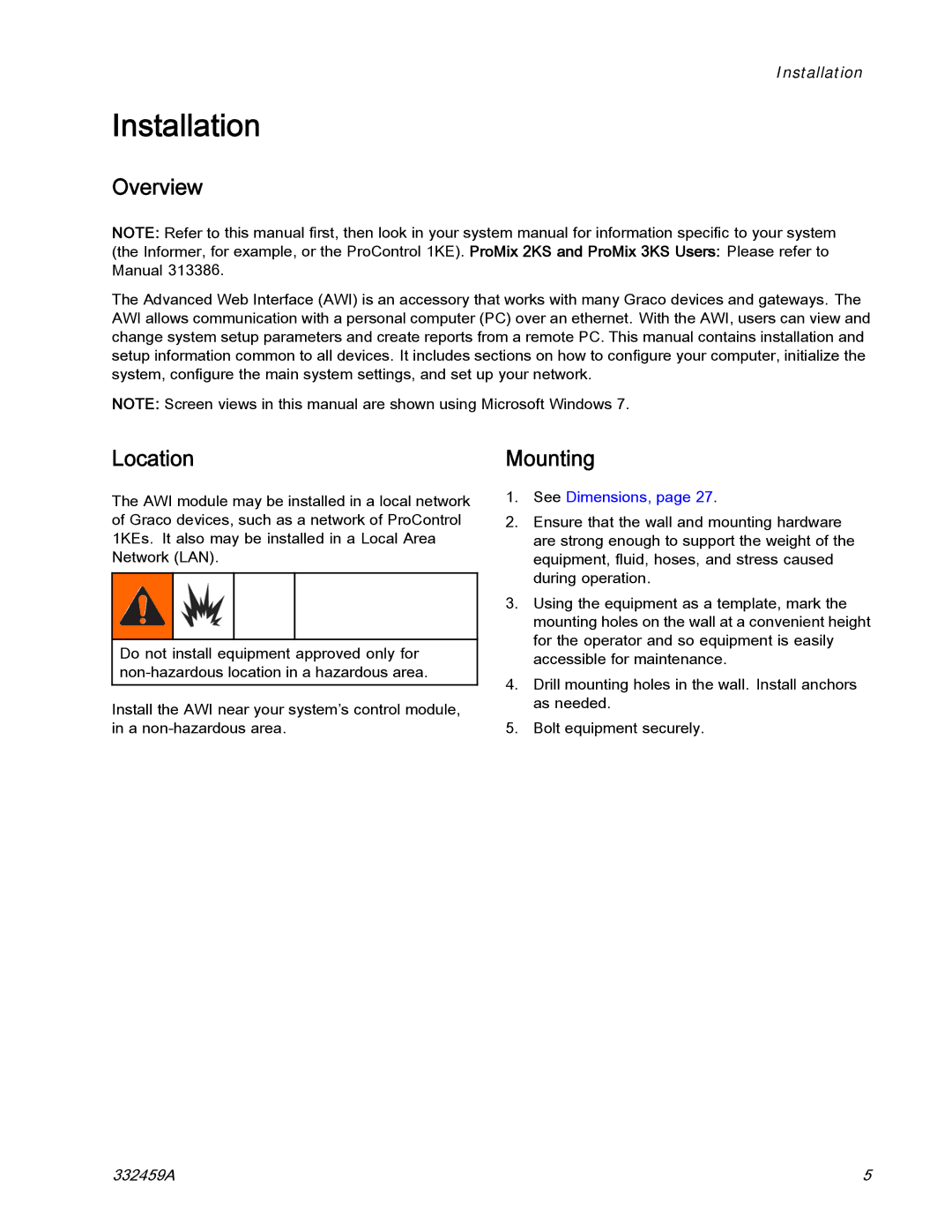 Graco 15V336, 15V337 important safety instructions Overview, Location, Mounting 