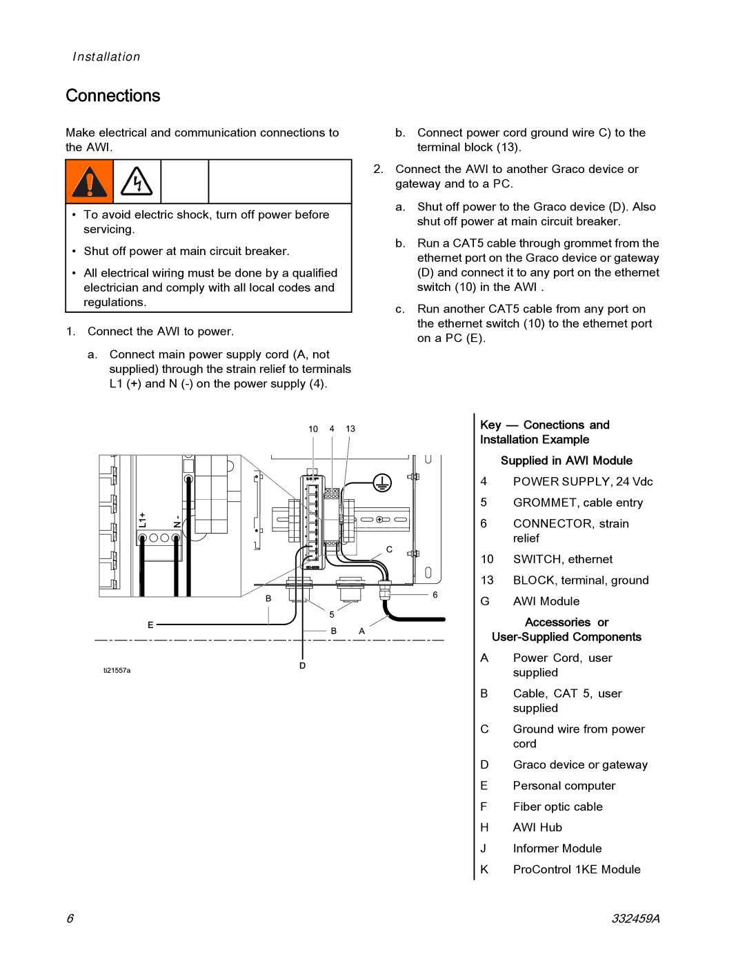 Graco 15V337, 15V336 important safety instructions Connections, Key Conections Installation Example Supplied in AWI Module 