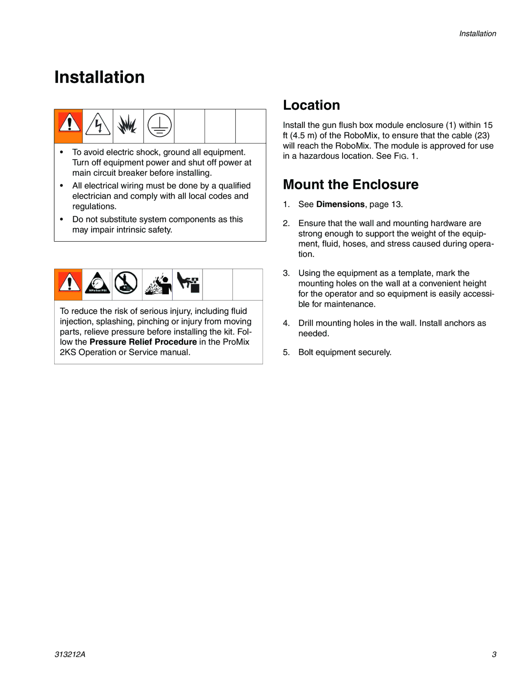 Graco 15V534 important safety instructions Installation, Location, Mount the Enclosure 