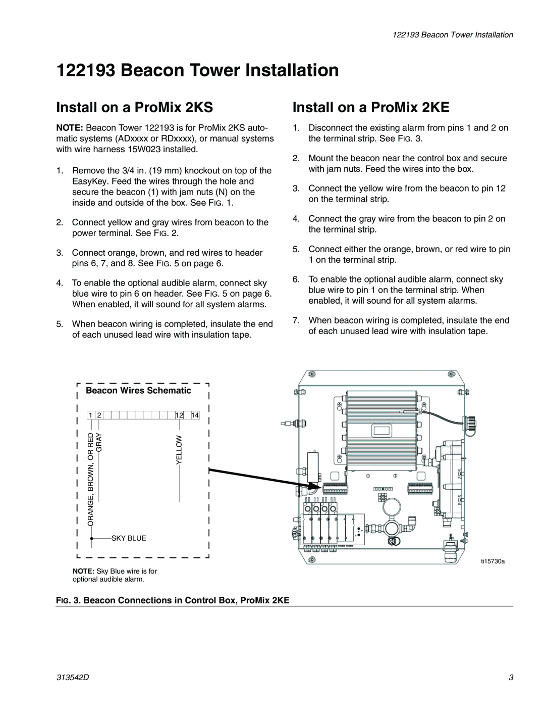 Graco 122193, 15W034 Beacon Tower Installation, Install on a ProMix 2KS, Install on a ProMix 2KE, Beacon Wires Schematic 