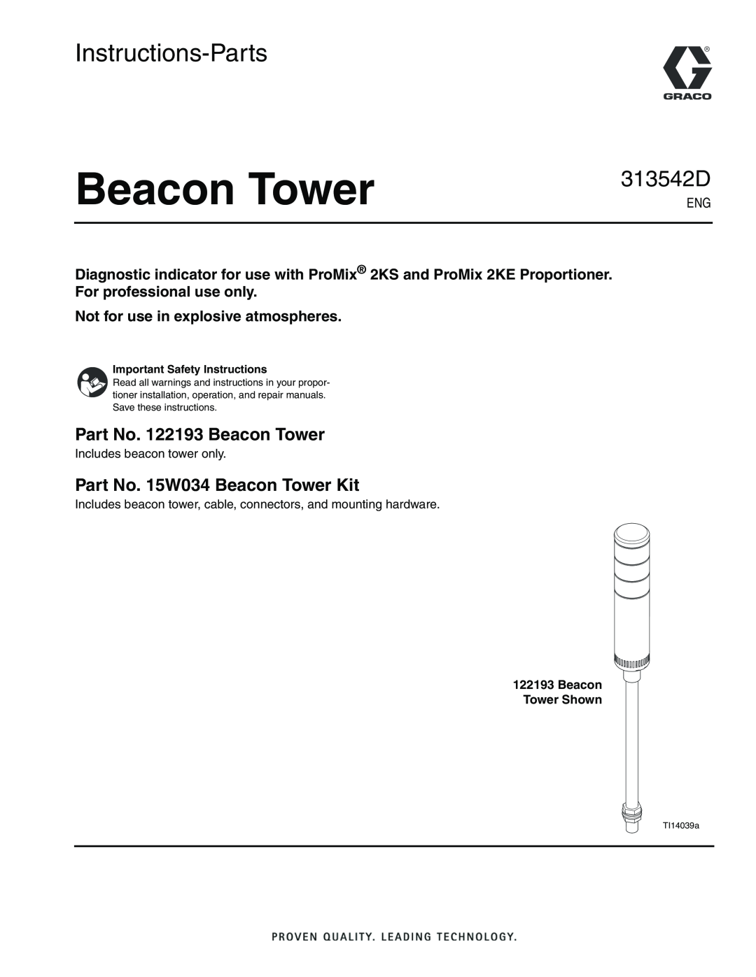 Graco 122193 important safety instructions Not for use in explosive atmospheres, Beacon Tower Shown, Instructions-Parts 
