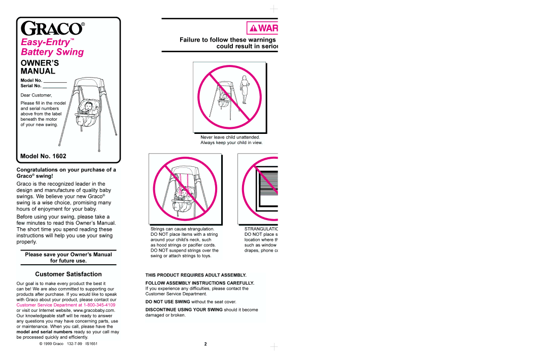 Graco 1602 manual Model No, Customer Satisfaction, Failure to follow these warnings could result in seriou, For future use 