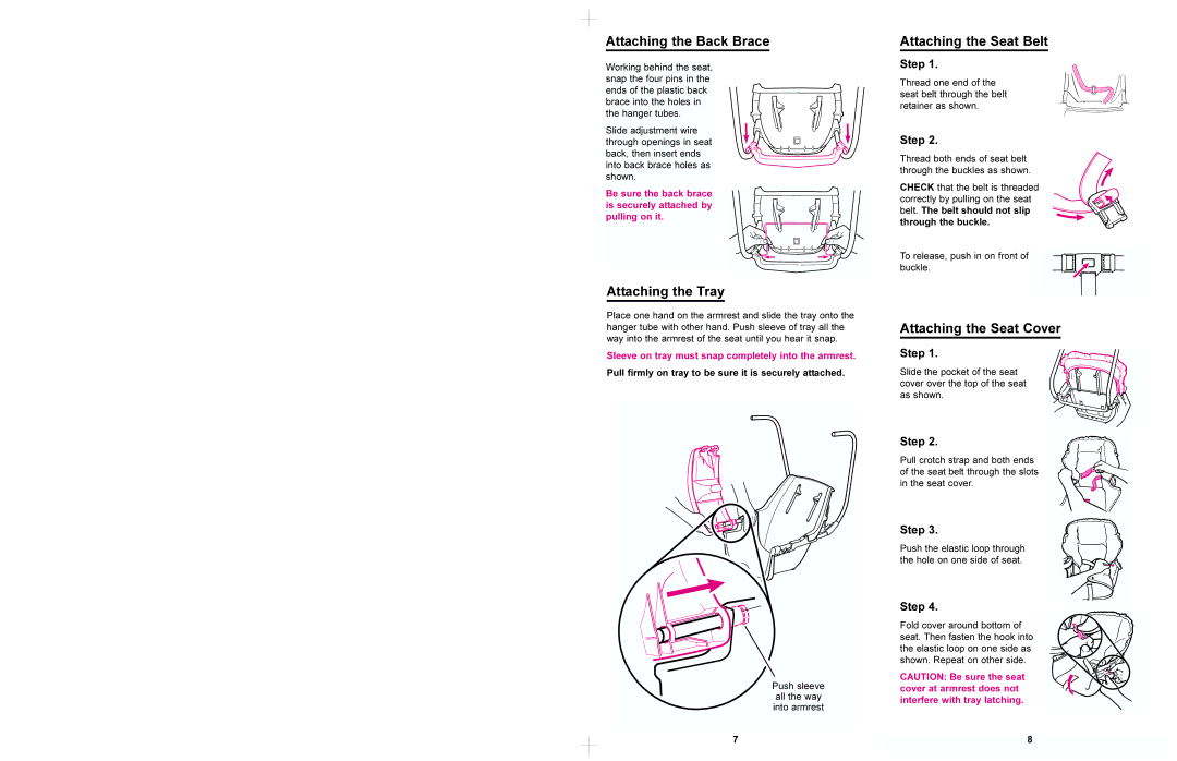 Graco 1602 manual Attaching the Back Brace, Attaching the Tray, Attaching the Seat Belt, Attaching the Seat Cover 