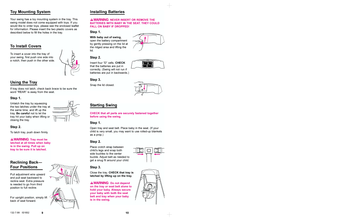 Graco 1602 Toy Mounting System, To Install Covers, Using the Tray, Reclining Back Four Positions, Installing Batteries 