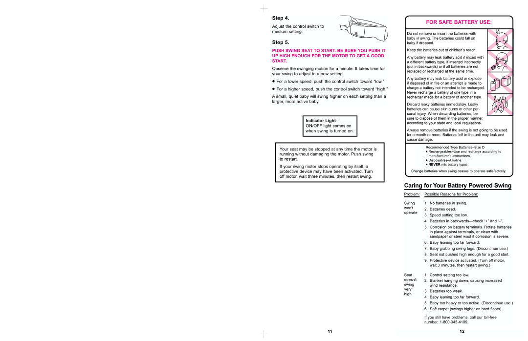 Graco 1602 manual Caring for Your Battery Powered Swing, For Safe Battery USE 