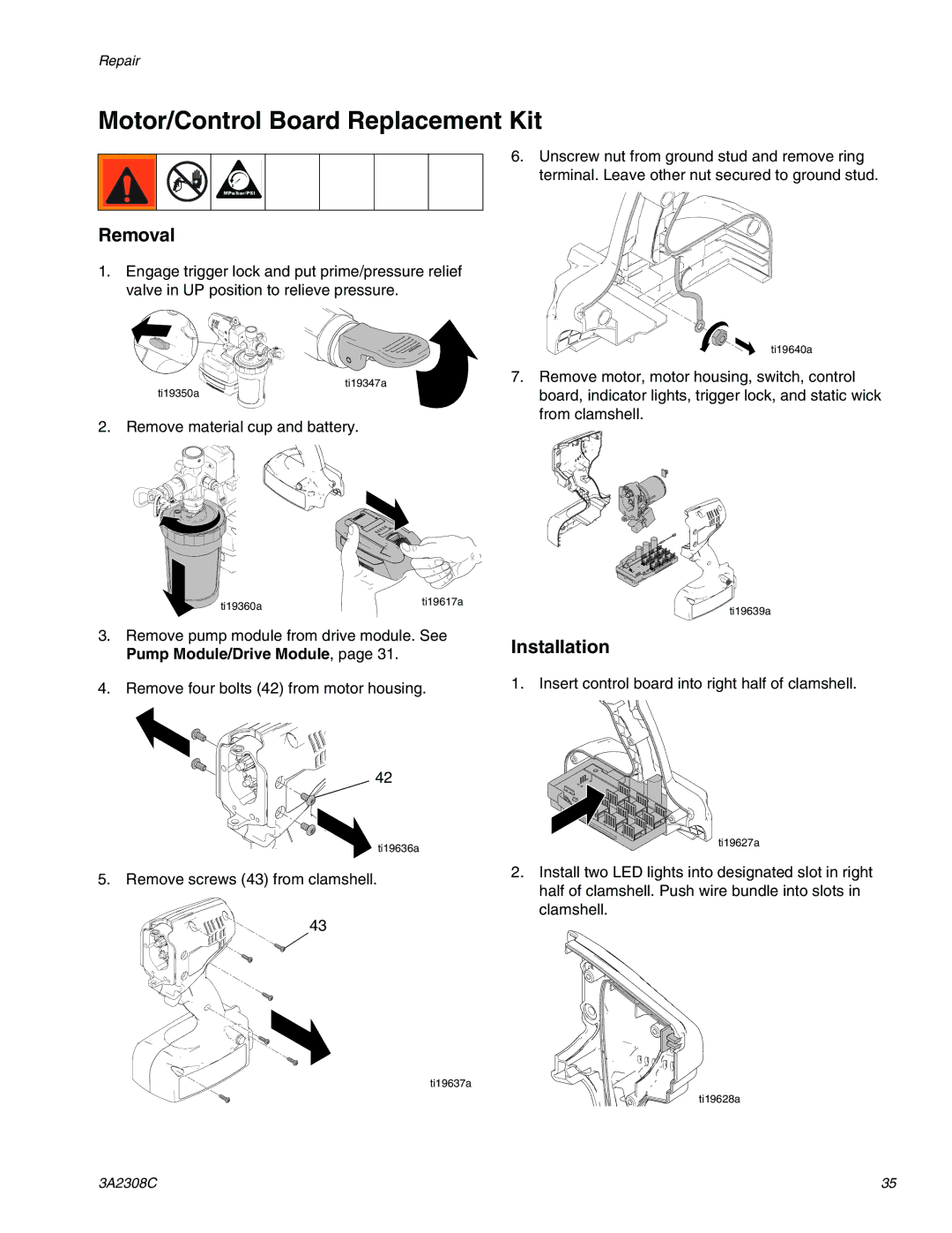 Graco 16H960, 16N655, 16N927, 16N654, 16N656 important safety instructions Motor/Control Board Replacement Kit 