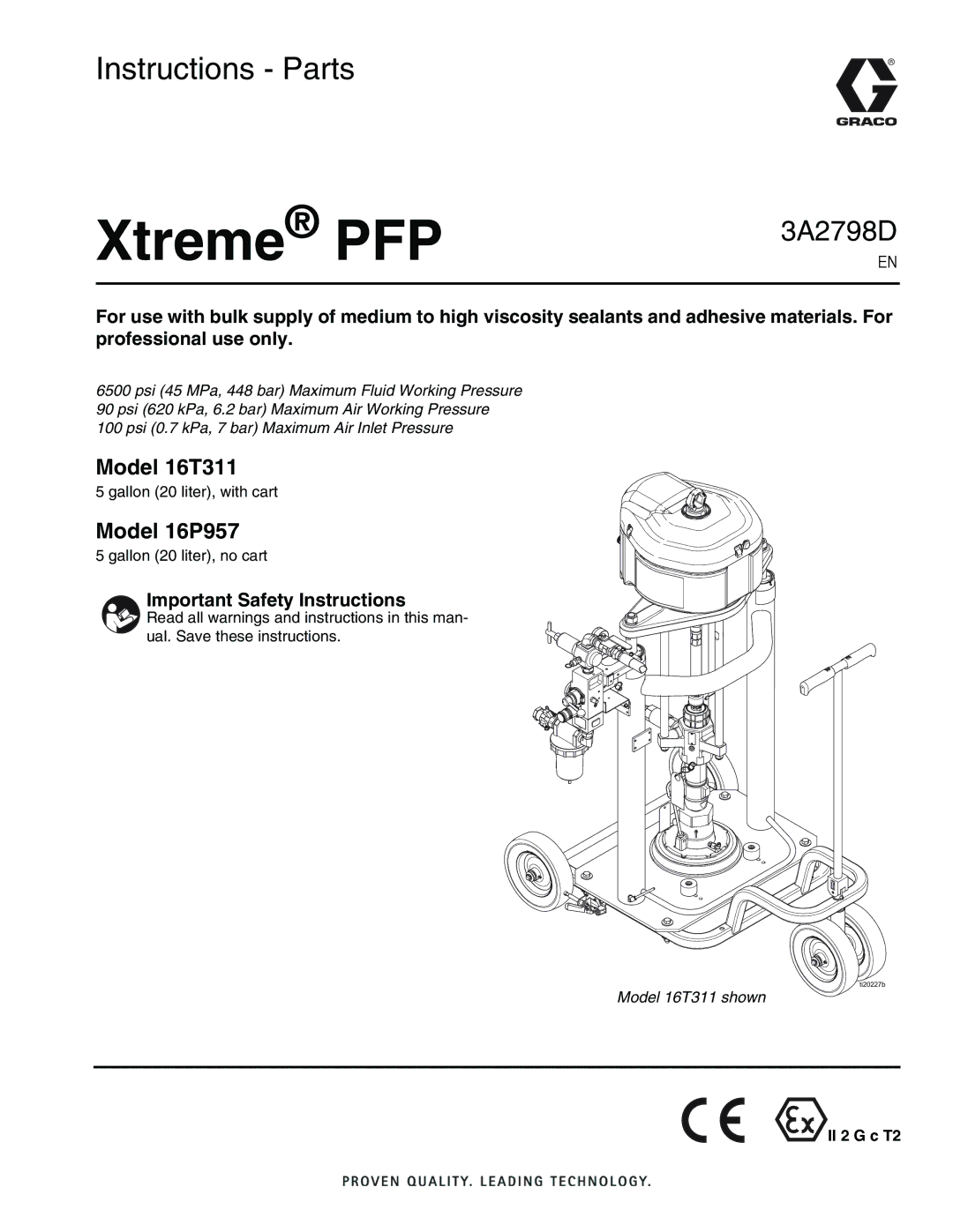 Graco 16T311, 16P957 important safety instructions Important Safety Instructions, Gallon 20 liter, with cart, II 2 G c T2 