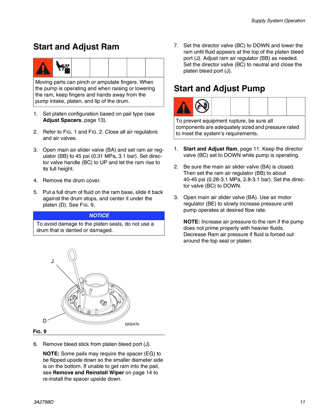 Graco 16T311, 16P957 important safety instructions Start and Adjust Ram, Start and Adjust Pump 