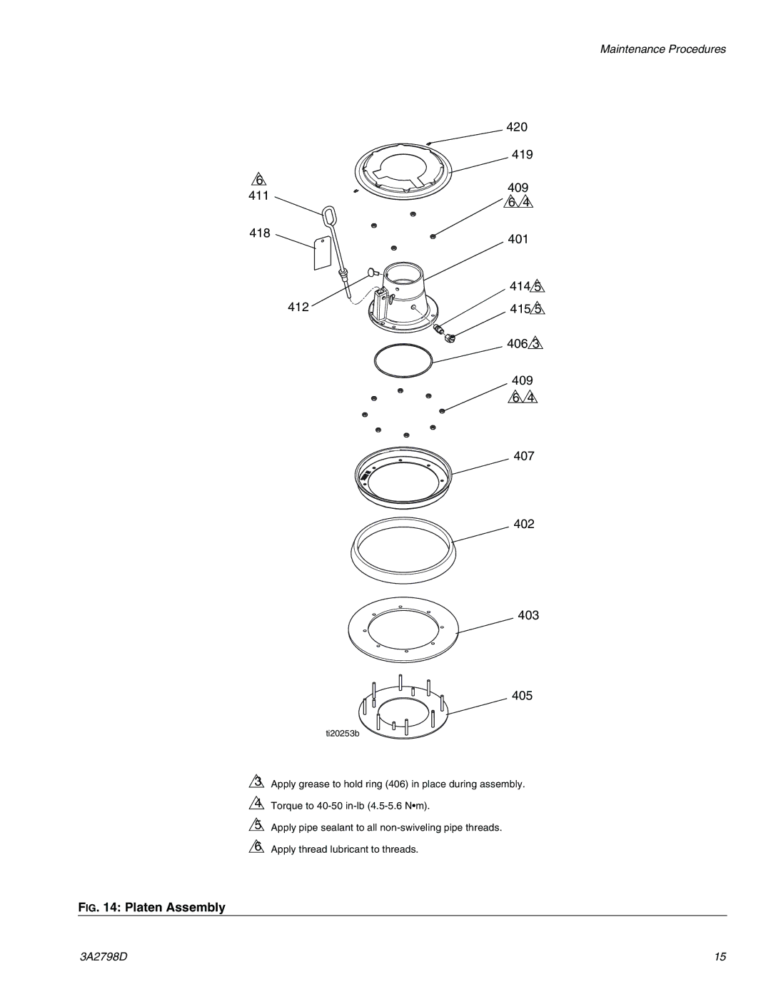 Graco 16T311, 16P957 important safety instructions 411 418 412 420 419 409 414 415 406 407 402 403 405, Platen Assembly 