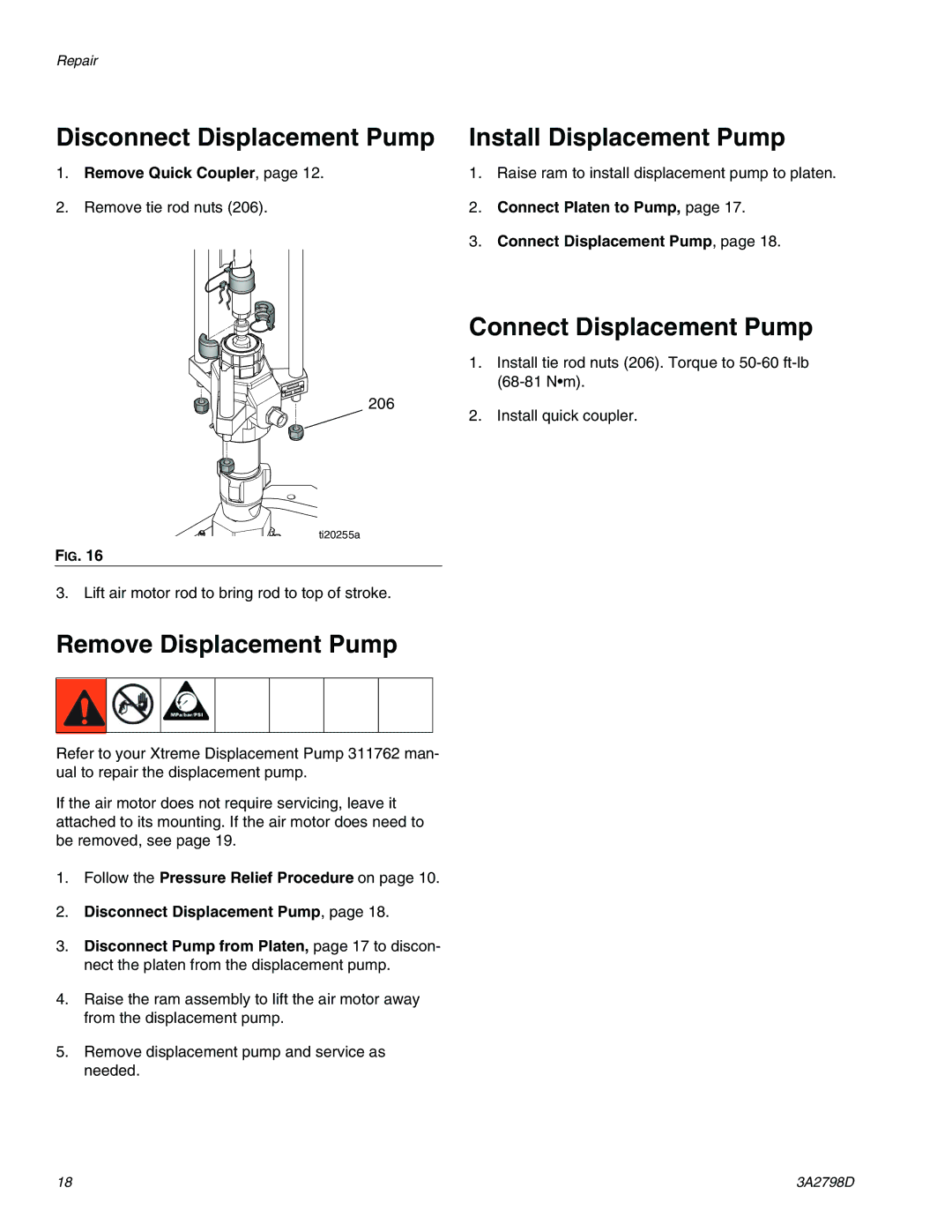 Graco 16P957 Disconnect Displacement Pump, Install Displacement Pump, Connect Displacement Pump, Remove Displacement Pump 