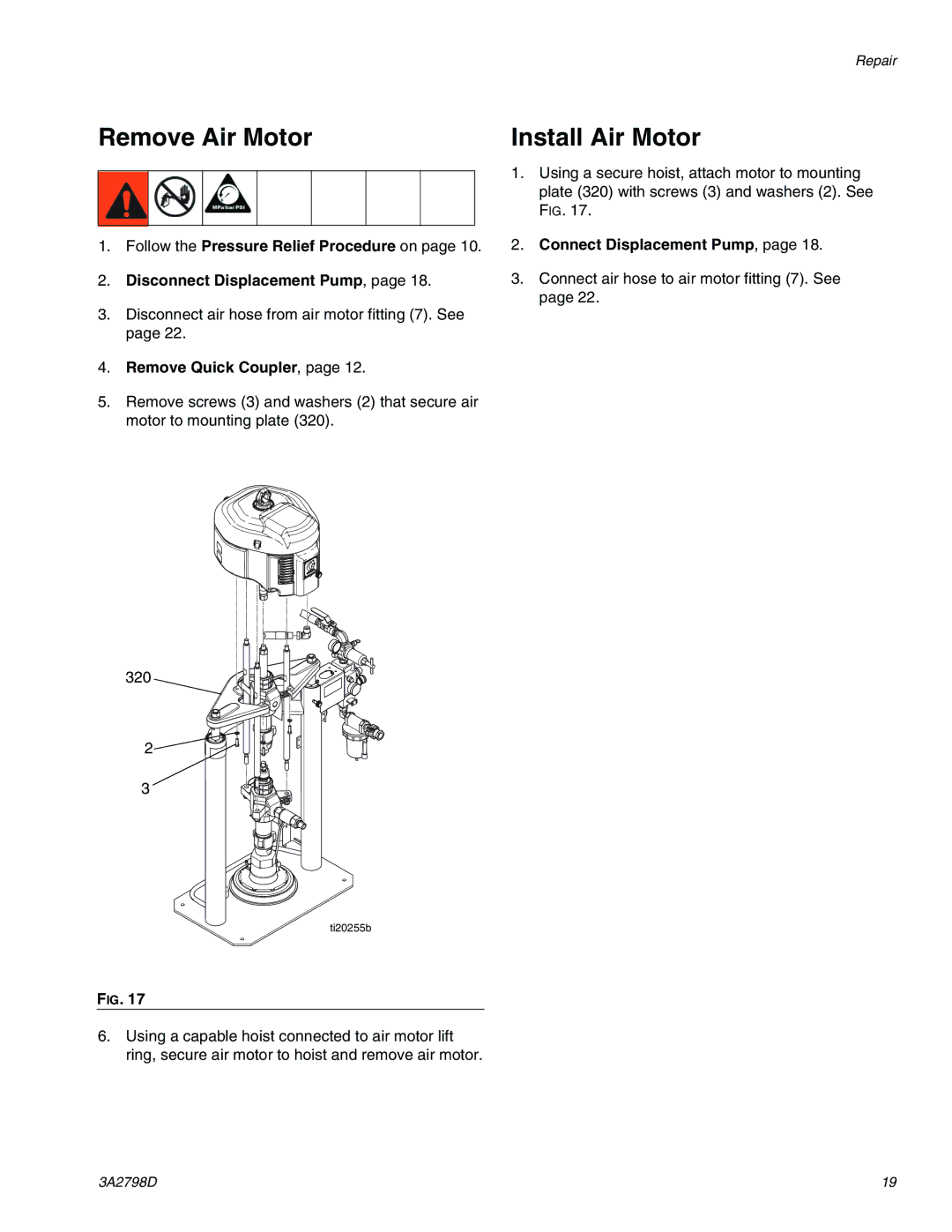 Graco 16T311, 16P957 Remove Air Motor Install Air Motor, Disconnect air hose from air motor fitting 7. See 