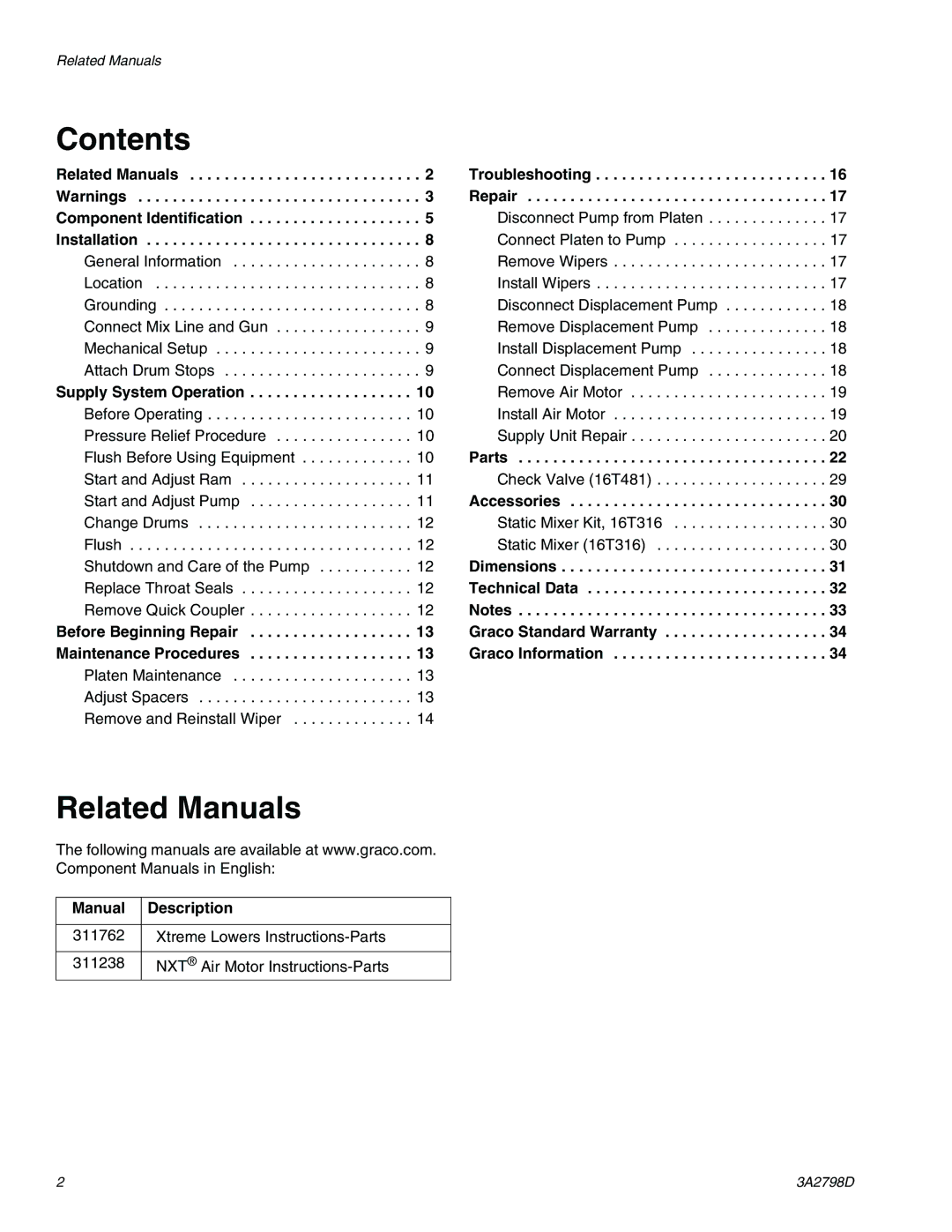 Graco 16P957, 16T311 important safety instructions Contents, Related Manuals 