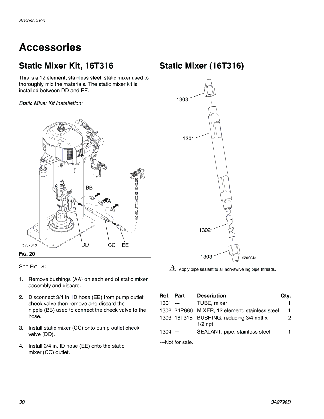 Graco 16P957, 16T311 important safety instructions Accessories, Static Mixer Kit, 16T316 Static Mixer 16T316 