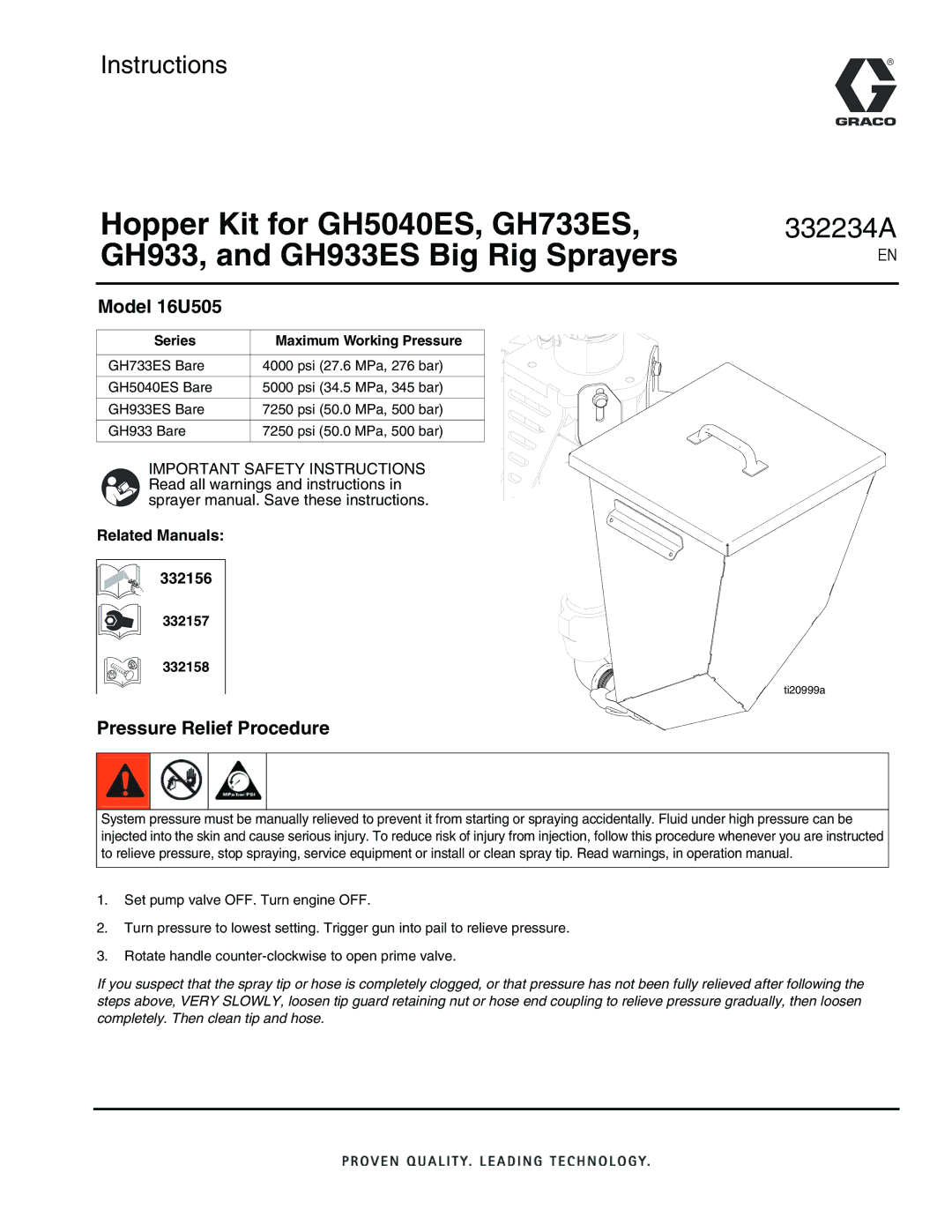 Graco important safety instructions Model 16U505, Pressure Relief Procedure, Related Manuals 332156 