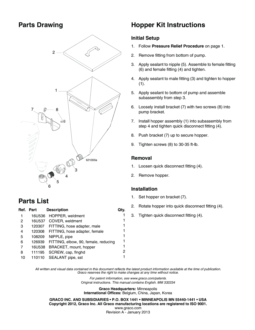 Graco 16U505 important safety instructions Initial Setup, Removal, Installation 