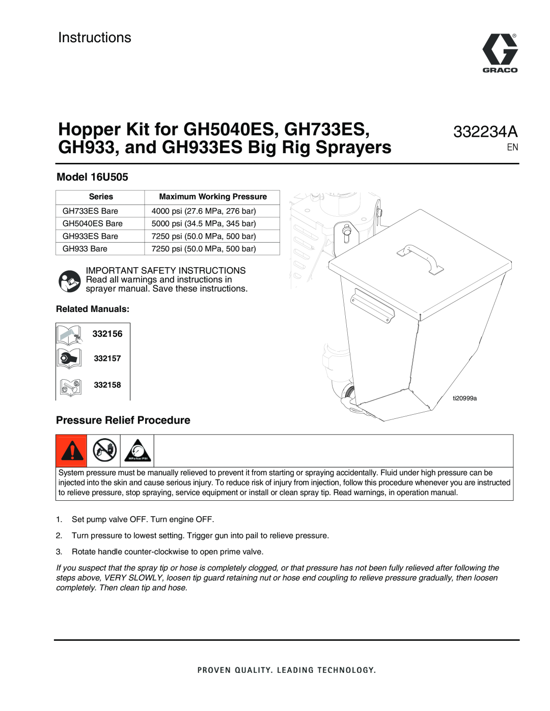 Graco important safety instructions Model 16U505, Pressure Relief Procedure, Related Manuals, 332234A, Instructions 