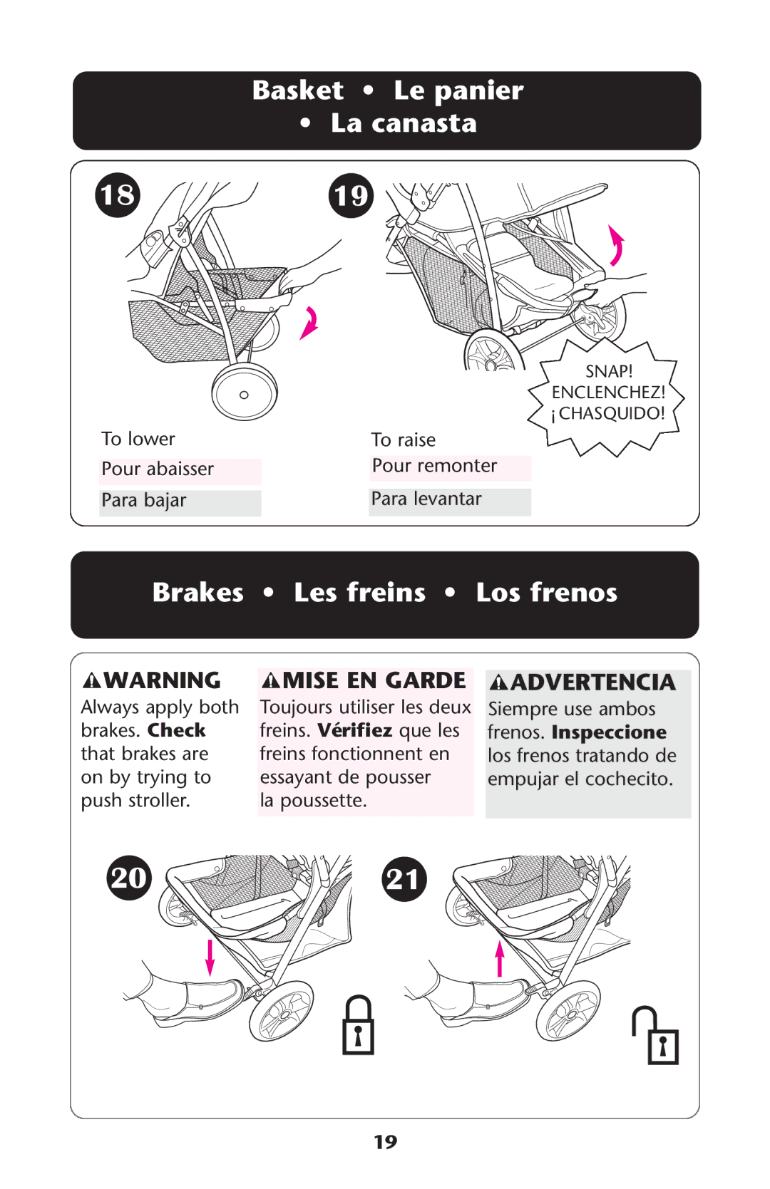 Graco 1757816, 1756483, 1750026, 1760818 owner manual Brakes Les freins Los frenos, Mise EN Garde 