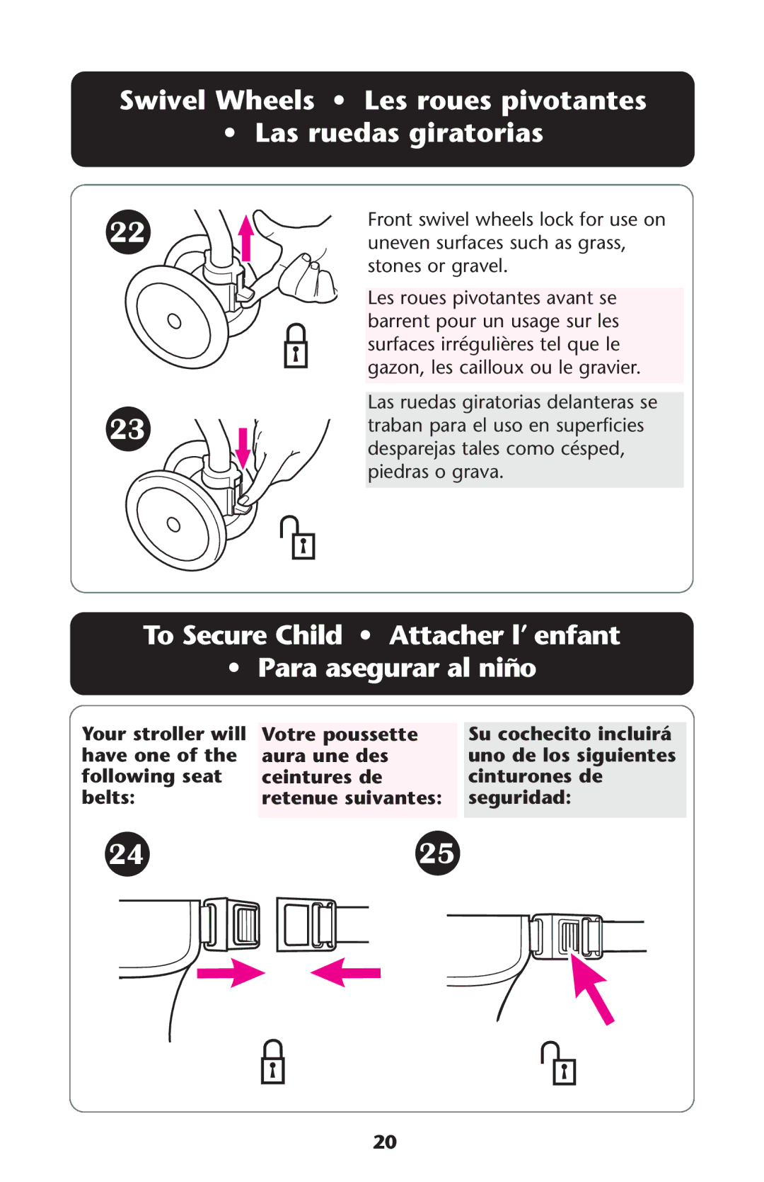 Graco 1756483, 1750026, 1760818, 1757816 owner manual Swivel Wheels Les roues pivotantes Las ruedas giratorias 