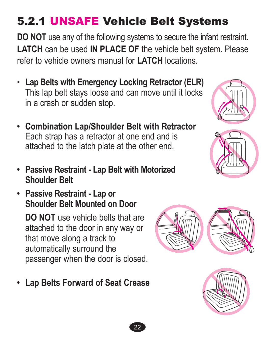 Graco 1760818, 1756483, 1750026, 1757816 owner manual Unsafe Vehicle Belt Systems, Lap Belts Forward of Seat Crease 